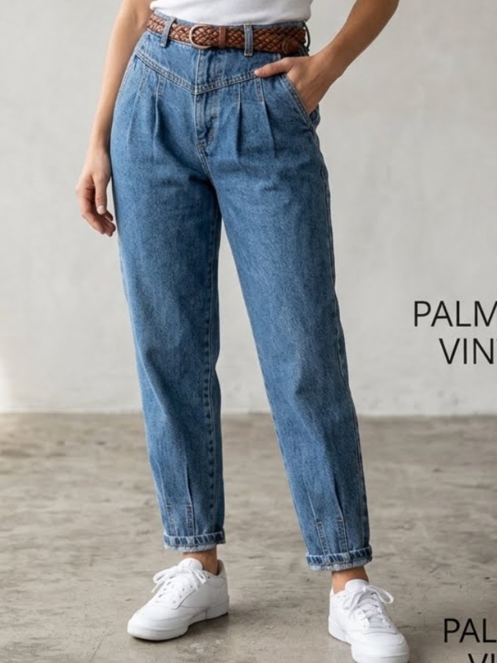 Palmettos Vintage Pleated High-Rise Denim Pants with Tapered Leg Stitching